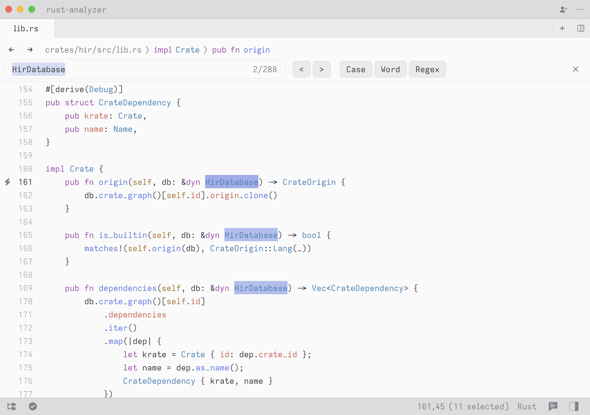 Zed's find in buffer. Searching for "HirDatabase" inside of the open lib.rs buffer.