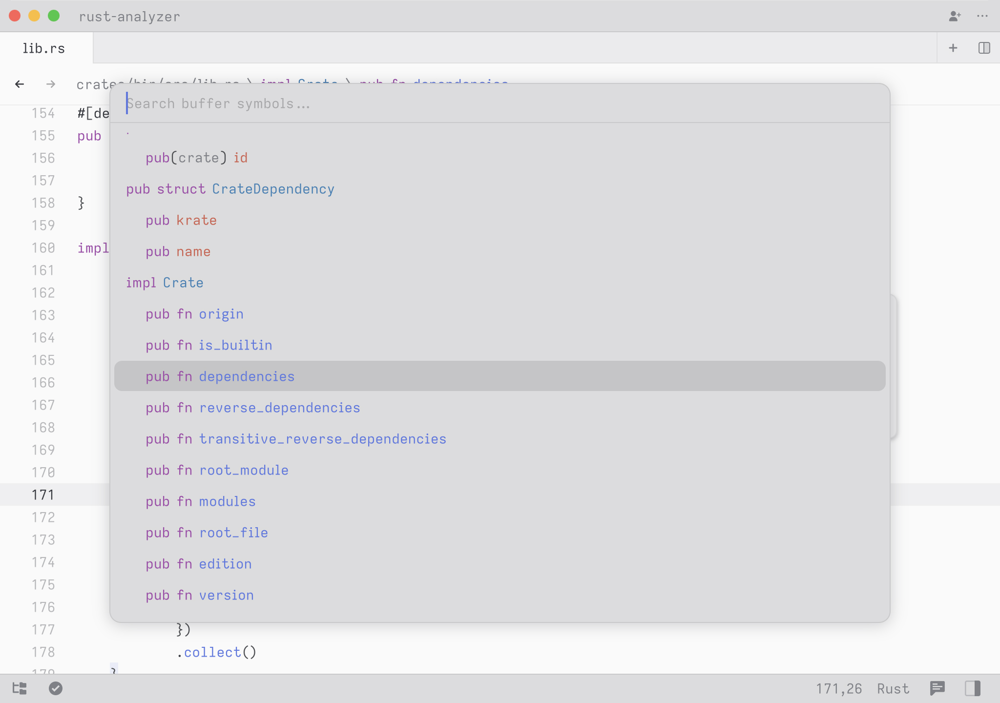 Zed's outline view open on top of a editor.